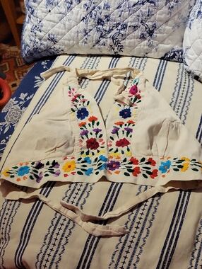 Boho Floral Embroidered Halter Bra Top With Darts, Adjustable Tie Neck And Back
